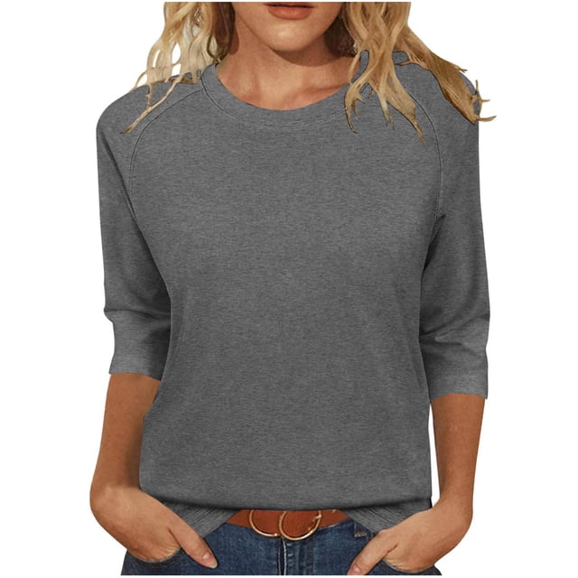 Liquidation d'Économies! Hauts pour Femmes Grande Taille, Blouse d'Été à Manches Courtes pour Femmes, Haut Blouse Décontracté Mode pour Femmes à Manches 3/4 Uni à Col Rond pour Dames
