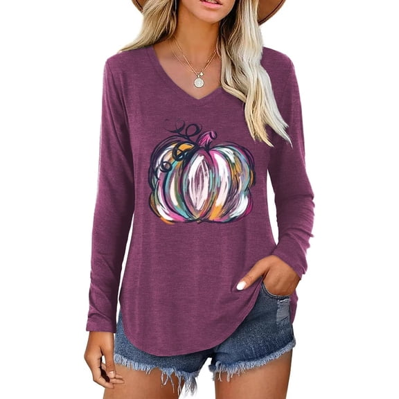 Scgirl Womens Long Sleeve V Neck T Shirts Halloween Thanksgiving Fall Graphic Tee Tops