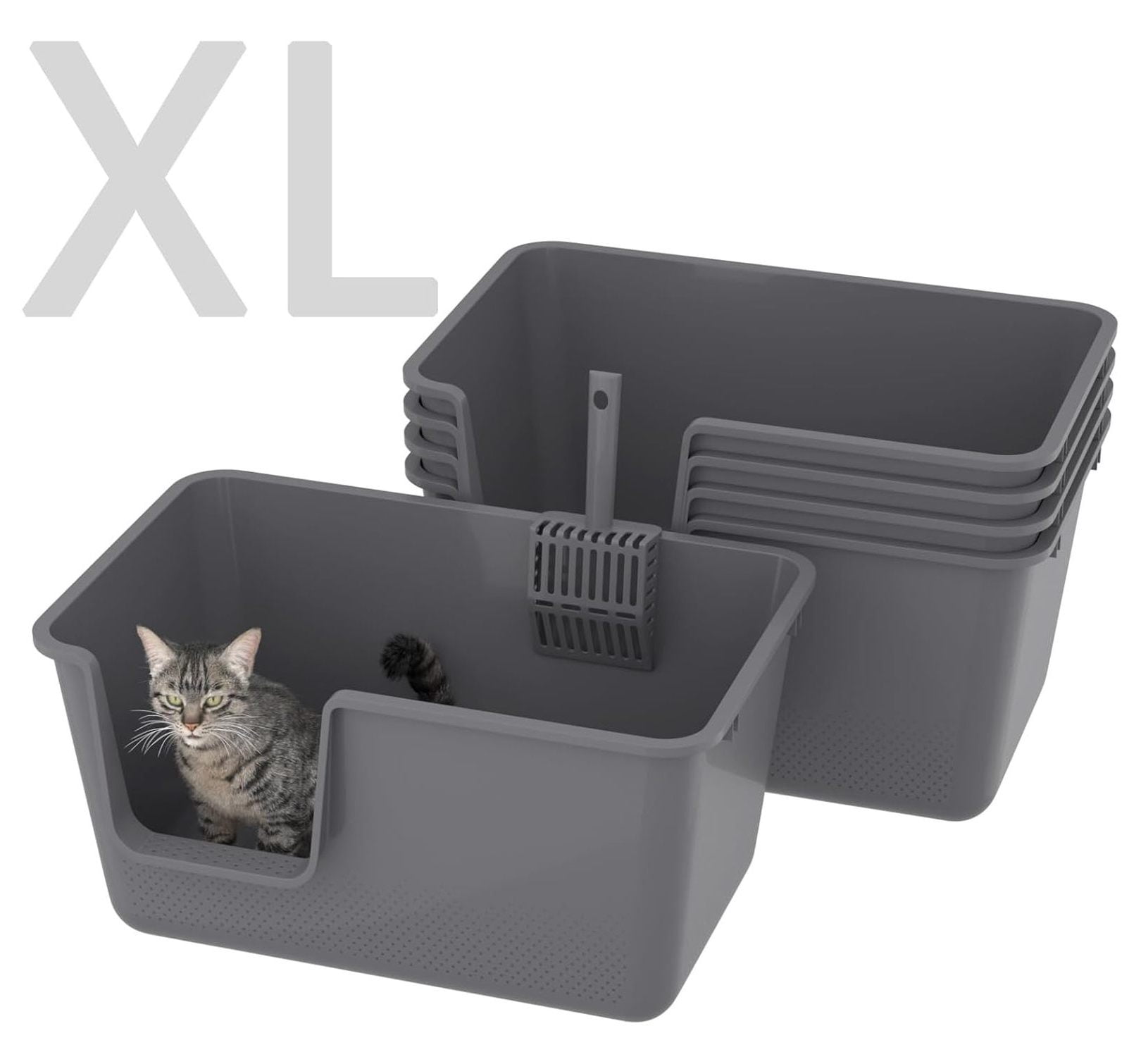 Cat Litter Boxes 2 Pack - Extra Large High Sided Pan, 24.35 x 15.12 x 12.9 Inch Gray - Open Top Cat Litter Box for Easy Access & Cleaning