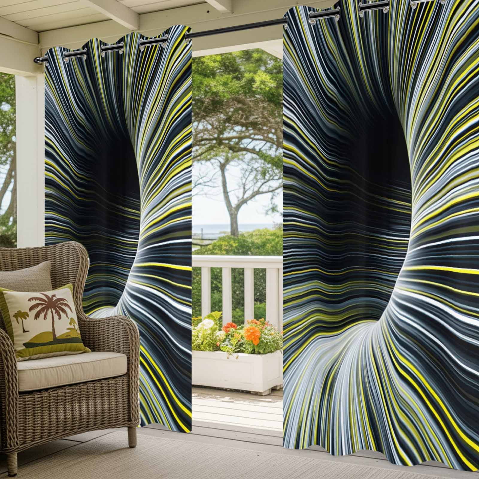 Abstract Outdoor Curtains for Patio, Lemon Yellow White Linear Warp Optical Tunnel Concentric Line Sunshade Privacy Drapes Grommet Waterproof Outside Curtains for Porch Balcony 54"x108", 1 Panel