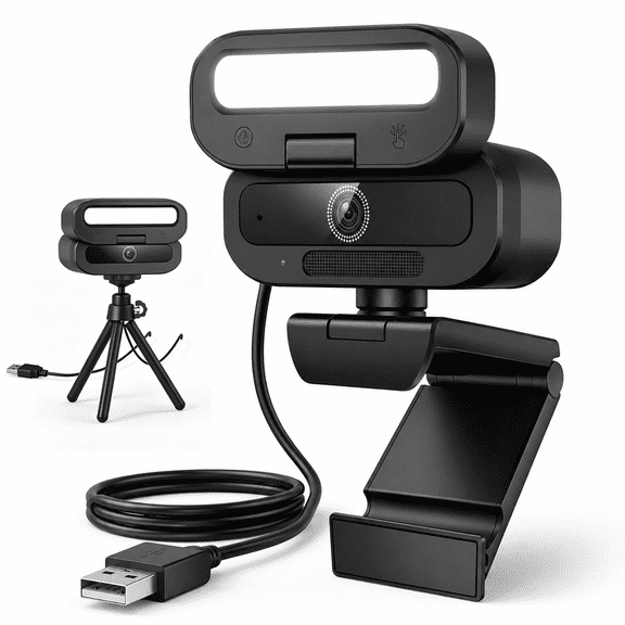 Byseng 4K Webcam with Ring Light, 60FPS USB Web Camera with Dual Noise-Canceling Microphones, Autofocus, 360 Rotation, Plug & Play for Zoom, Streaming & Video Calls