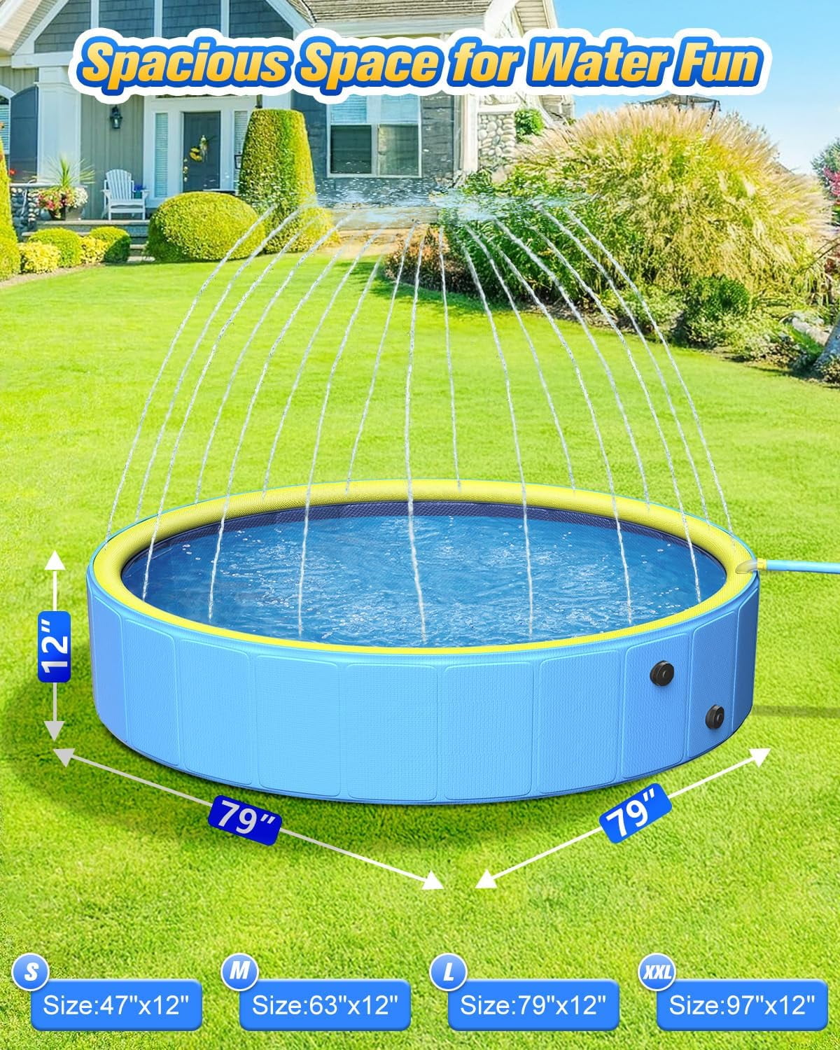 Sturdy 47in Hard Plastic Anti-Slip Dog Pool, 2-in-1 Foldable Portable Kiddie/Kids Pool with Sprinkler, Swimming Puppy Pools for Summer Outdoor Backyard Activities