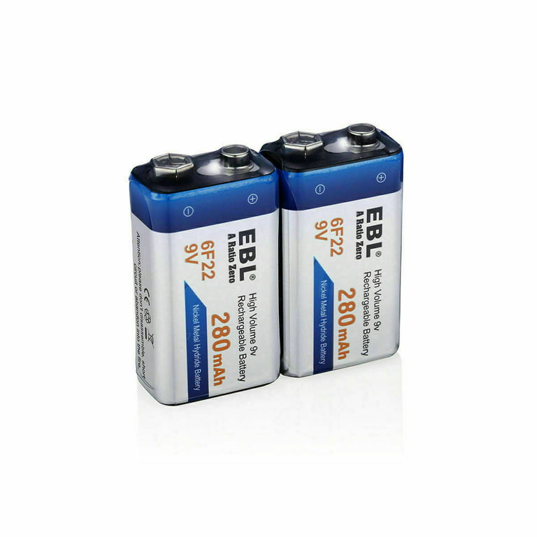 2x EBL 280mAh 9 Volt Rechargeable 9V 6F22 Ni-MH Batteries for Smoke  Detector