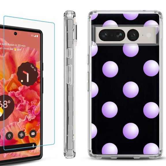 Shockproof Bumper Phone Case for Google Pixel 7 Pro, with Tempered Glass Screen Protector, by OneToughShield ® - Polka Dot / Purple