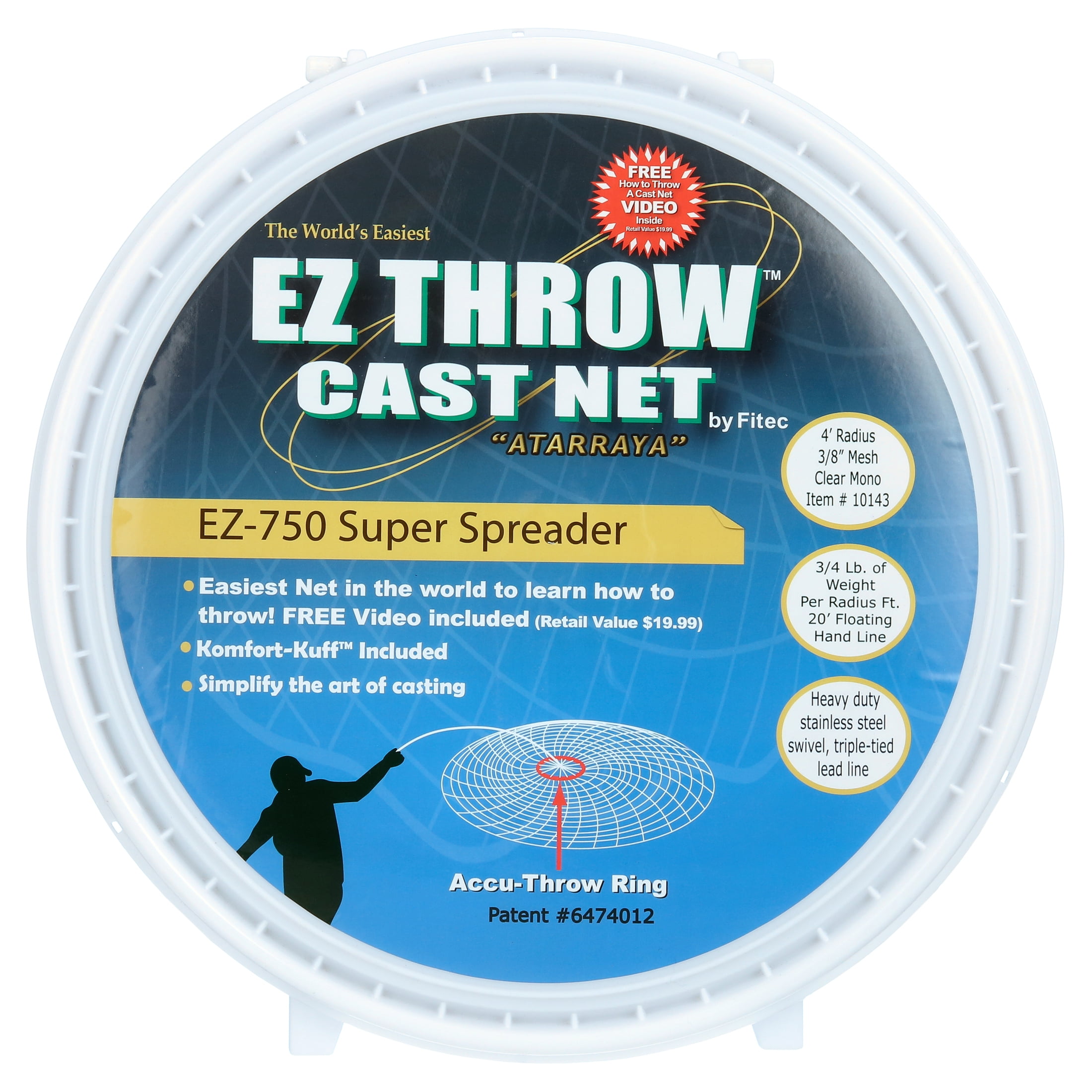 Fitec Super Spreader EZ Throw 750, 4' x 3/8 Fishing Cast Net, Clear, 3/4  lbs Weights 