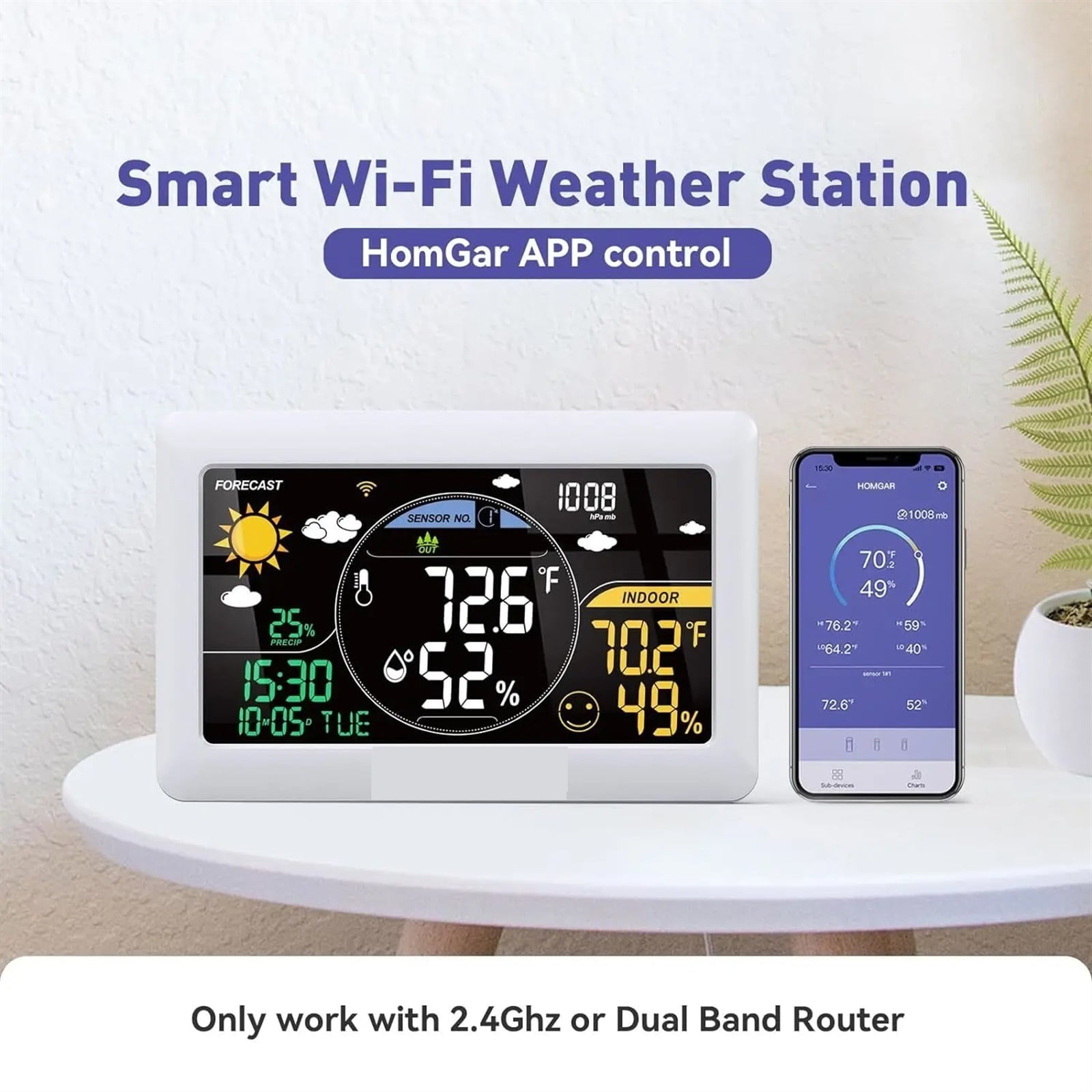 Weather Station Wireless Indoor Outdoor Thermometer Wall Alarm Clock Pressure App Online Real-time Forecast Monitor ,Excellent Visual Experience