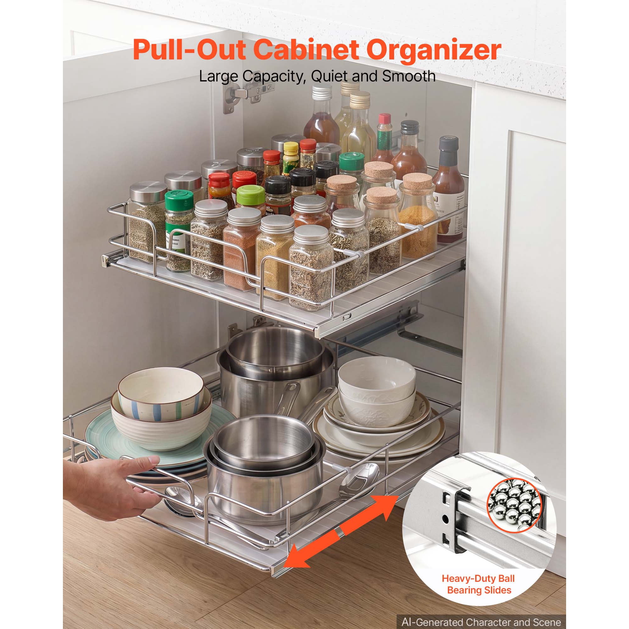 KFFKFF 2-Tier Pull-Out Cabinet Organizer, 20"W x 21.22"D Sliding Drawers for Kitchen, Bathroom, or Pantry Storage, Chrome-Plated Finish, Durable Steel Shelving for Base Cabinets
