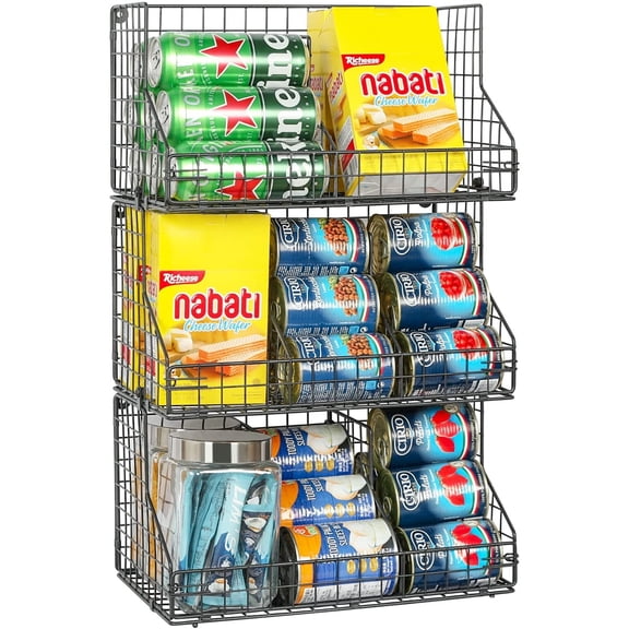 XCOSRACK 3-Tier Stackable Wire Basket Pantry Organizer, Wall Mounted Metal Food Storage Rack with 5 Adjustable Dividers for Snacks, Spices & Canned Goods, Black