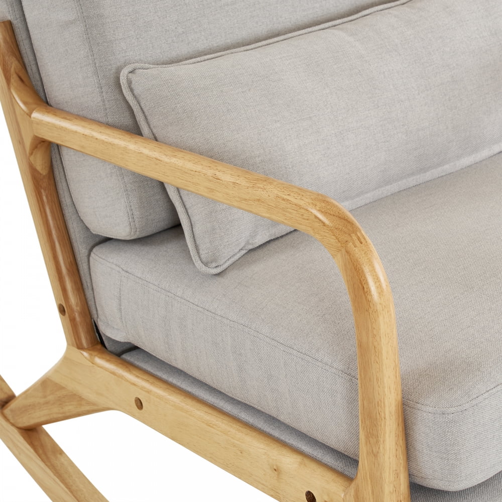 Nursery Rocking Chair Upholstered Chair with Linen Padded Seat & High Back Belt Waist Pillow, Accent Chair Padded Seat Armchair Comfy Side Chair Single Sofa Old Man Chair, Gray