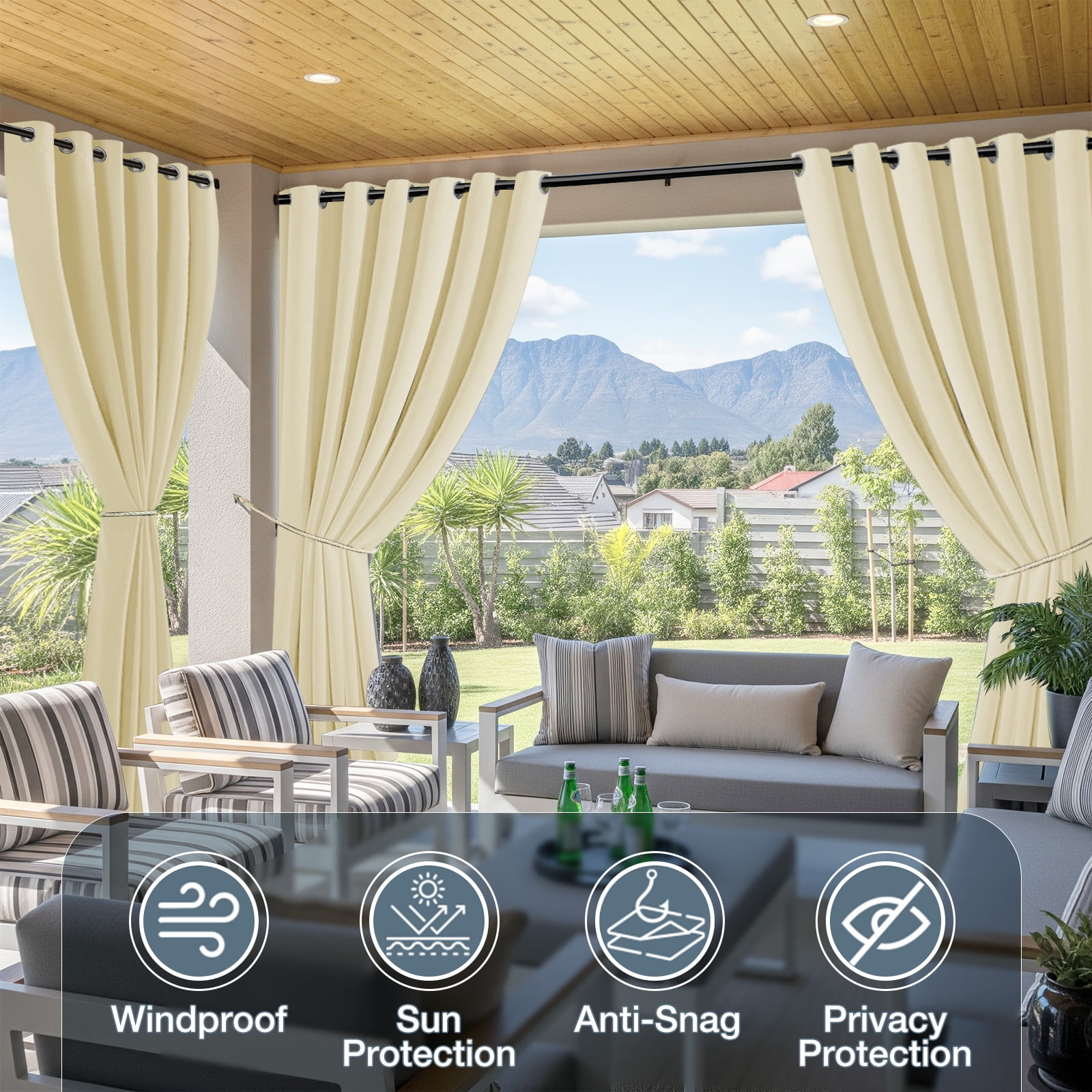 DONGPAI 100" Wide Outdoor Curtains for Patio Waterproof Blackout Privacy UV Resistant with Top and Bottom Grommet for Porch, Gazebo, Pergola, 100"x 108", Beige, 1 Panel