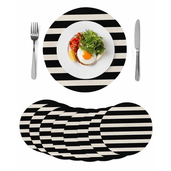 Black Beige Striped Round 13 Inch Placemats Set of 8, Vintage Geometric Line Simple HeatResistant Non Slip Place Mats for Dining Table, Wipeable Braided Kitchen Table Mats for Housewarming