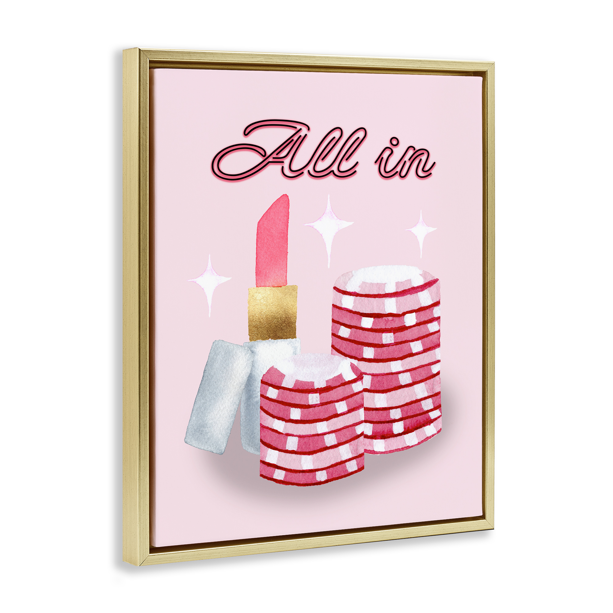 All In Poker Chips & Lipstick Gold Framed Floater Canvas Wall Art, design by Nina Jacobs