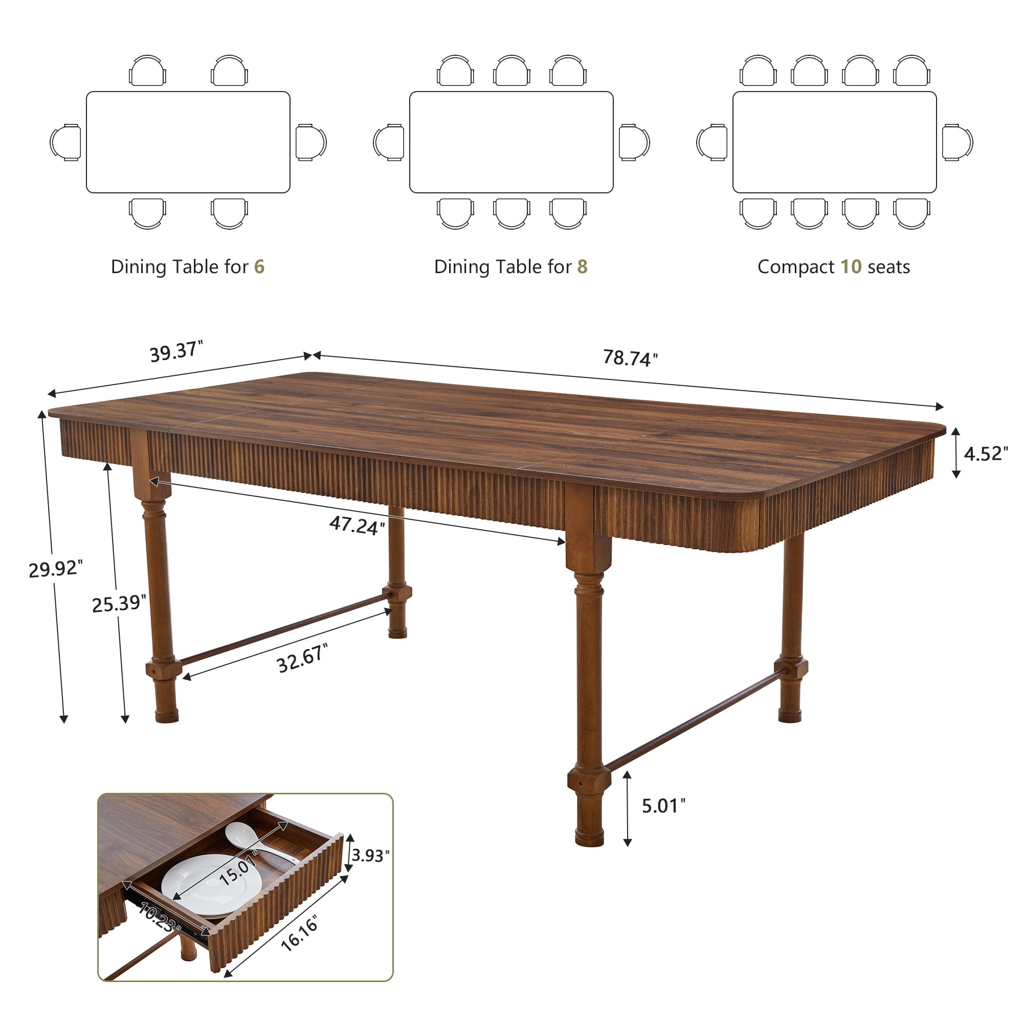 Weselon 78.74" Square Dining Table with 4 Drawers, Wood Fluted Dining Table with Storage Drawers, Seats up to 6,Large Kitchen Table for Casual Meals and Special,Dining Room, Brown