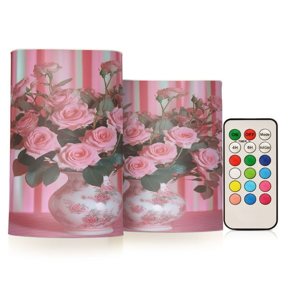 2 PCS Flameless Candles with Remote Timer LED Battery Operated Flickering Candle Light for Wedding Table Home Decoration Gifts Pink Roses
