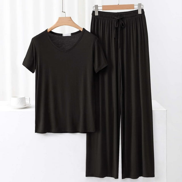 Ensembles 2 Pcs pour Femmes Ensembles de Détente d'Été Tenues Col en V Manches Courtes Hauts Pantalons Larges Pyjamas pour Femmes Ensemble