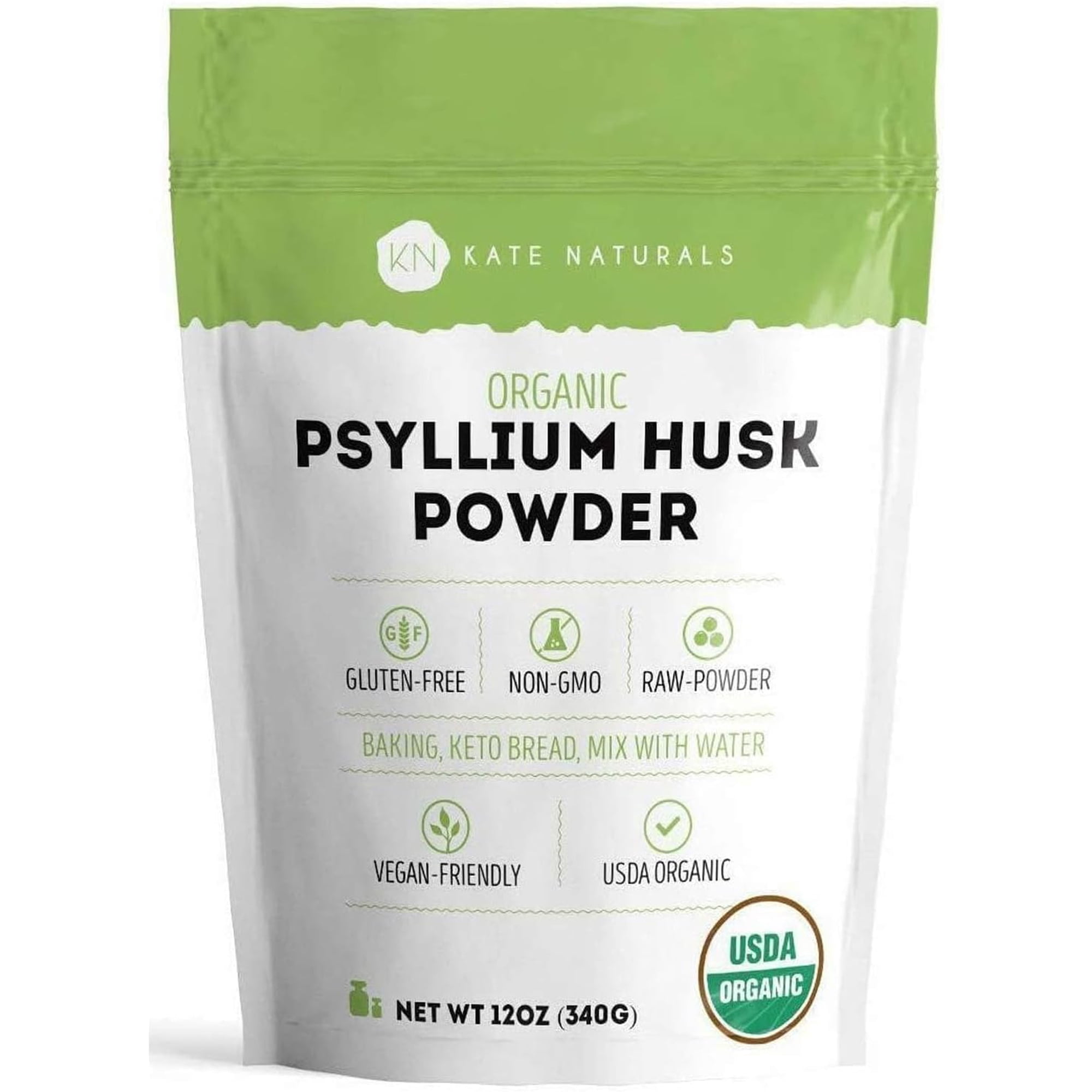 Kate Naturals Psyllium Husk Powder (Organic, Fine Ground) for Baking & Smoothies, Gluten Free, Keto Friendly, Non-GMO Fiber for Bread, Juice & Recipes, 12oz