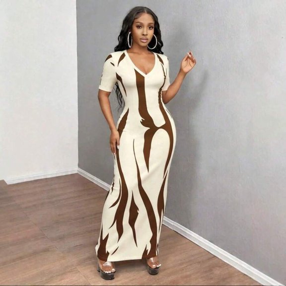 Khaki Women Fall Abstract Print Side Ruched Figure-Hugging Versatile Maxi