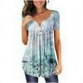 thumbnail image 1 of Femmes Tops Femmes Été Tops 2023 Femmes Mode V- Cou Imprimé Floral Tunique Tops Boutons Manches Courtes T-Shirt Bleu S, 1 of 7