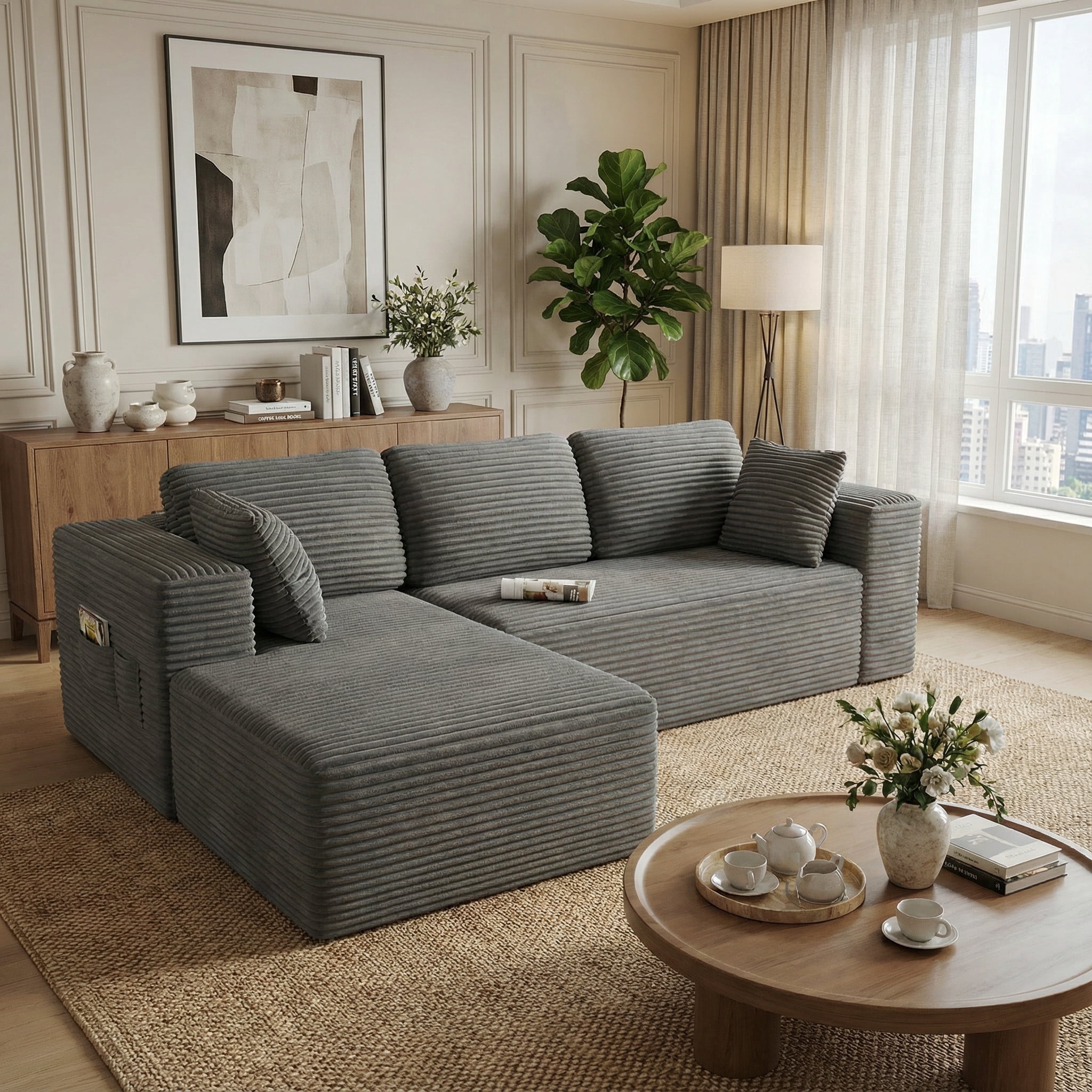 105" No-Assembly Modular L-Shaped Sectional Sofa, Comfy Corduroy Deep Seat Cloud Couch with Chaise, Modern Boneless Sofa for Living Room, Grey