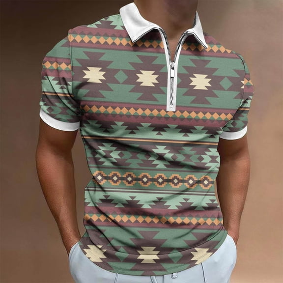 Njoeus Basic Tops Workout Tops Men Casual Vintage Printed Sports Tees Shirt Short Sleeve Lapel Collar Zipper T-Shirt Blouse Summer Tops Oversized Tee Shirt Men