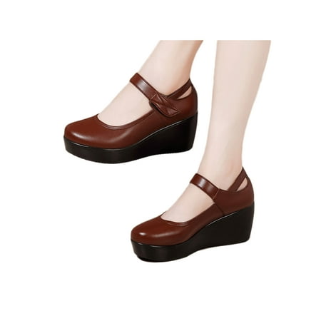 

Woobling Ladies Casual Shoes Wedge Pumps Mid Heel Mary Jane Work Dress Shoe Comfort Ankle Strap Non Slip Brown 7