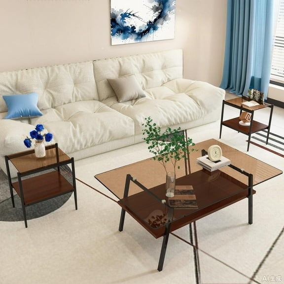 3-Piece Coffee Table Set, 1 Coffee Table & 2 End Table, Modern Table Set with Brown Tempered Glass Tabletop & Black Iron Legs, for Living room