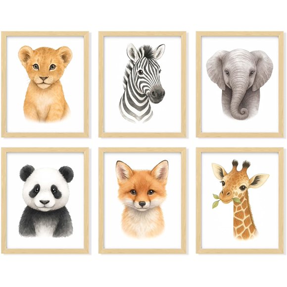 Safari Décor Mural sur Toile de Chambre de Bébé - Impressions d'Art Mural d'Animaux de Chambre de Bébé à Thème Jungle, Affiches d'Art Girafe Éléphant Zèbre pour Chambre, Images d'Animaux pour Décorations de Chambre de Bébé Garçon (8x10 Sans Cadre)
