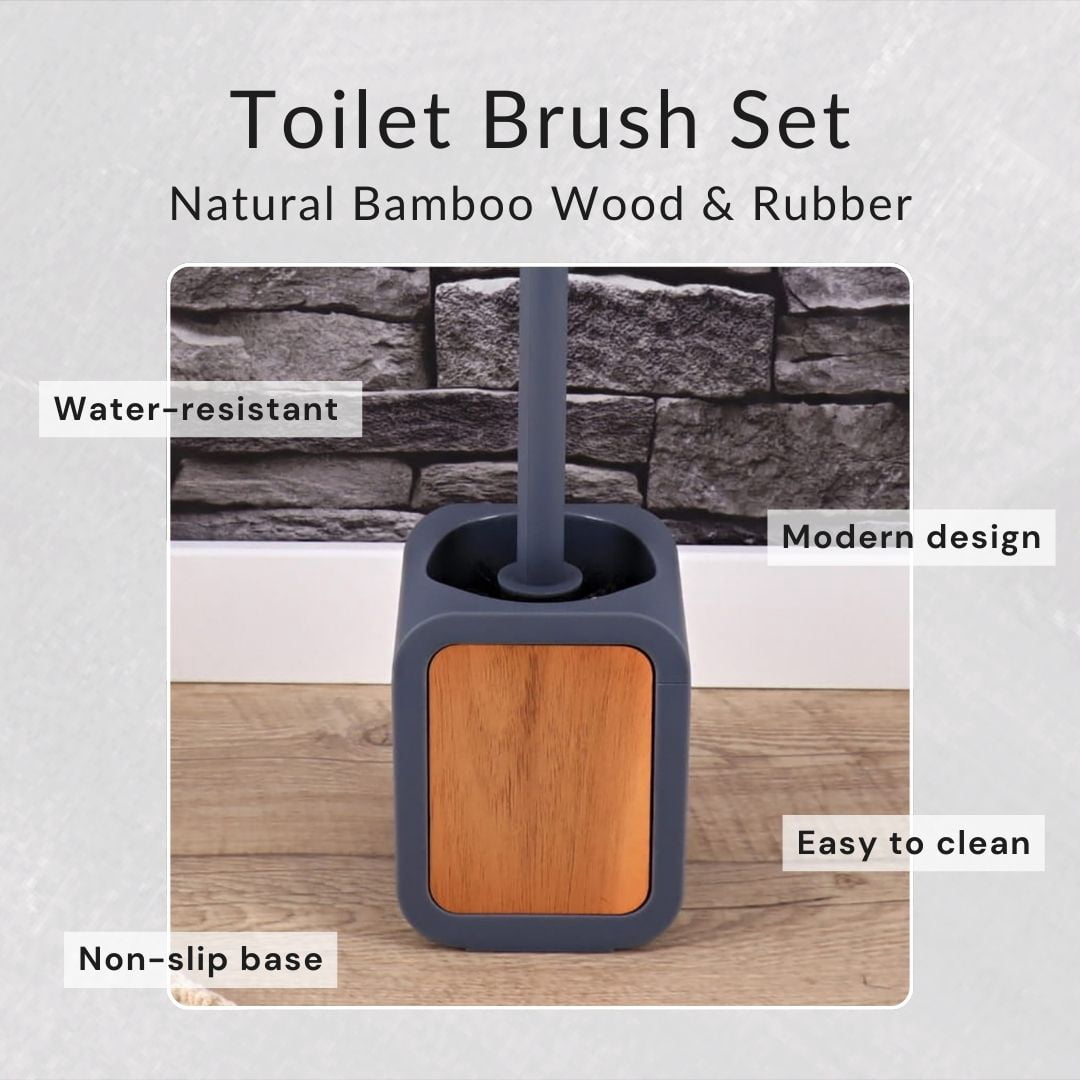 Toilet Brush and Holder Gray Rubber and Acacia