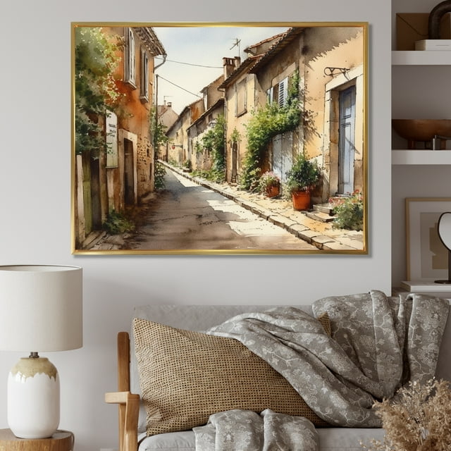 Designart Landscape Cottage framed wall art decor, Landscape Wrapped Gold framed wall art, Picturesque Street in a Mediterranean Village I , Extra large Traditional Gold framed wall art, Gold Frame