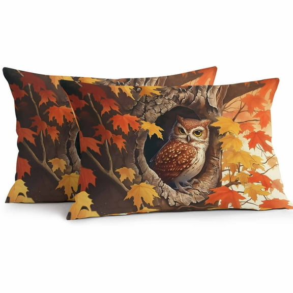 Outdoor Throw Pillows Covers 12X20 Set of 2 Waterproof Thanksgiving Autumn Decorative Zippered Cushion Covers for Patio Furniture, Red Maple Leaves Owl Lumbar Pillowcases Fire Orange