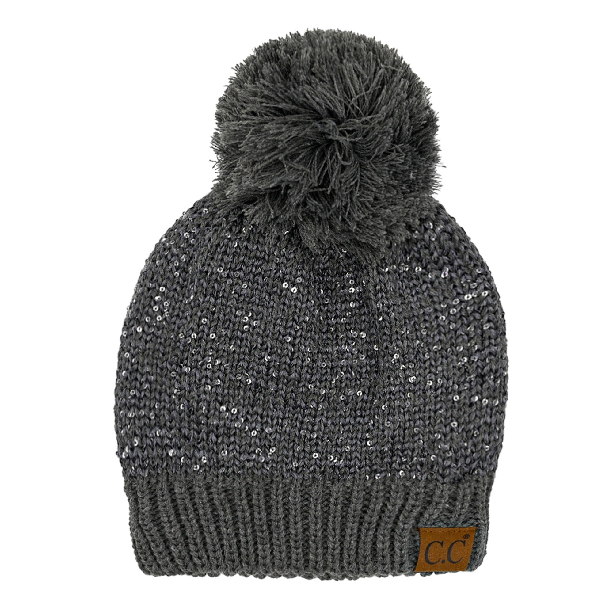 C.C Sequin Pom Winter Beanie Sparkle Cozy Warm Hat Unisex, Black Silver