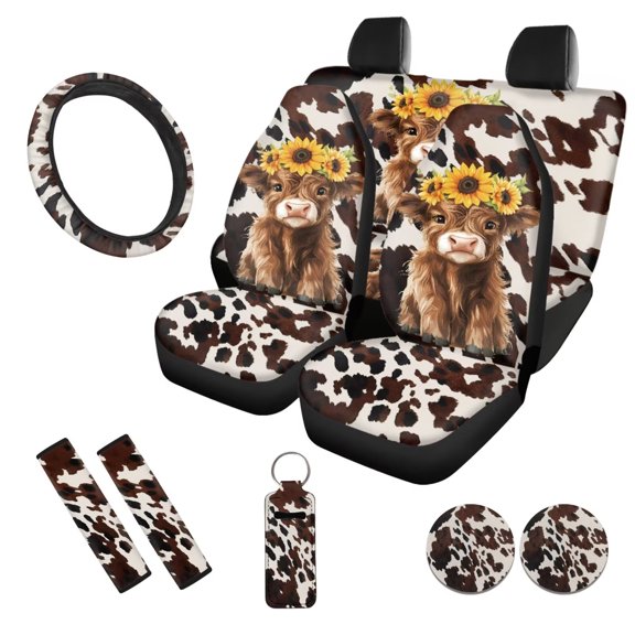 Uorisanigo 10 Pieces Cute Highland Cow Auto Seat Cover Sets with Car Steering Wheel Cover Car Seat Belt Cover Cars Water Cup Coaster and Keychains Soft Anti-slip Auto Interior for Cars SUVs