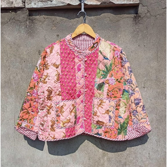 Patchwork Floral Print Cotton Handmade Kantha Jacket, Womens Clothing Quilted Reversible Coat Kimono Indian Hand Printed Vintage Boho Vest Christmas Gift CQJ-03_XXL