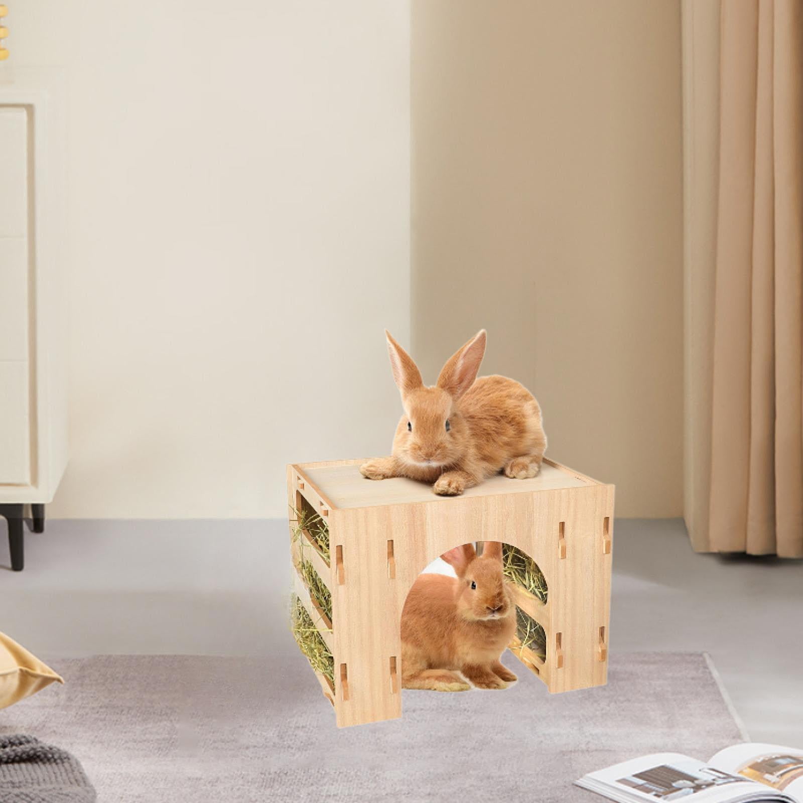 Bothyi Wooden Bunny Hay Feeder Hamsters Playhouse Interactive Enrichment Toy Food Feeding Manger Hay Holder Feeder for Gerbil