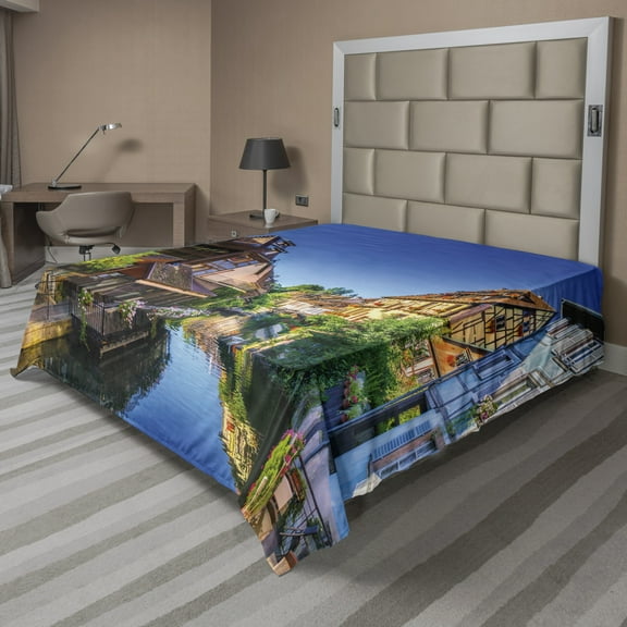 Ambesonne Colorful Flat Sheet, Canal and Houses at Colmar, King Size, Cobalt Blue Multicolor