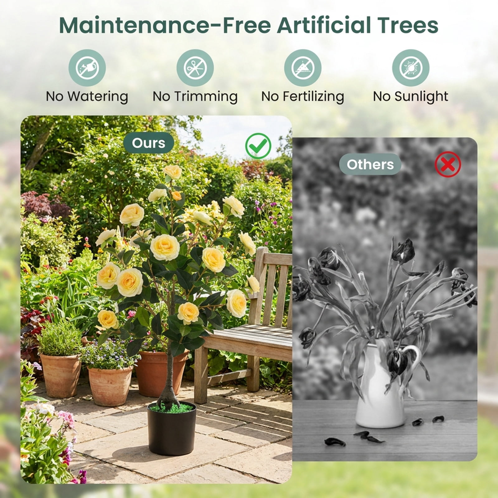 Vebreda Artificial Plant Decor, 2-Pack Artificial Camellia Tree Faux Flower Plant in Cement-Filled Pot, Lifelike & Elegant Design