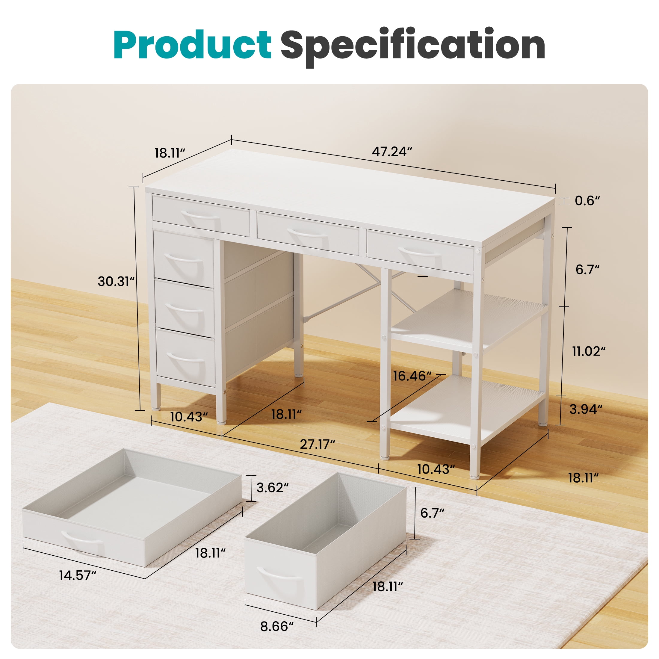 EDX 47 Inch Computer Desk with Fabric Drawers & Storage Shelves,Small Home Office Desk Study Table for Home office Bedroom,White