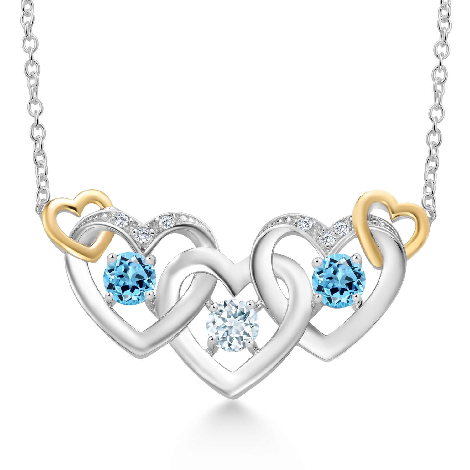 Gem Stone King 925 Silver and 10K Yellow Gold Sky Blue Aquamarine Swiss Blue Topaz and White Lab Grown Diamond Heart Shape Pendant Necklace for Women (1.02 Cttw, with 18 inch Chain)