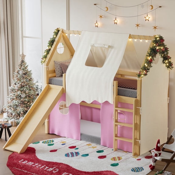 Morufur Twin Size House Loft Bed with Sills and Tents, Solid Wood Loft Bed with Ladders and Slide, Chic Design with Lights, No Box Spring Needed (Natural-Pink)