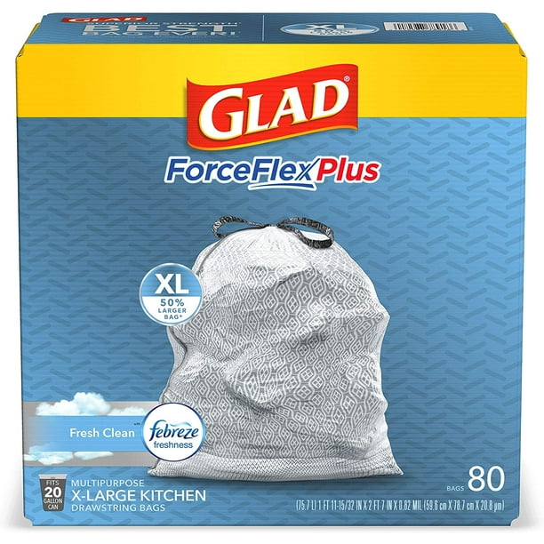 Glad ForceFlexPlus XL Grey Kitchen Drawstring Trash Bags, Febreze, 20