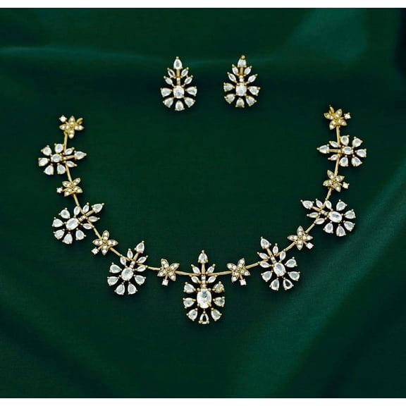 South Indian Bollywood Gold Plated AD CZ Full White Stone Flower Pattern Matte Finish Brass Necklace Set with Matching Drop Earrings – Traditional Bridal & Party Wear Jewelry