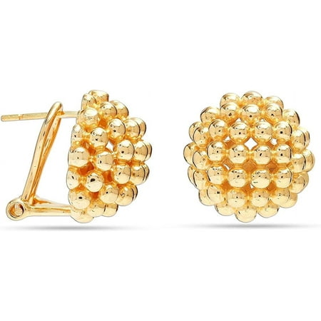 LeCalla 925 Sterling Silver 18K Yellow-Gold Plated Round Beaded Omega Back Stud Earrings for Women and Teen 15MM