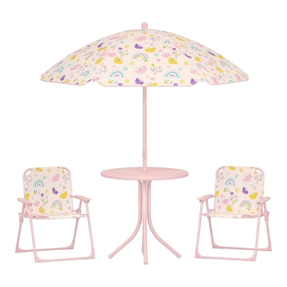 Kids Picnic Table and Chair Set, Outdoor Activity Table with Foldable Chairs, Removable Umbrella, Pattern Toddler Patio Furniture for Backyard, Garden, Pink