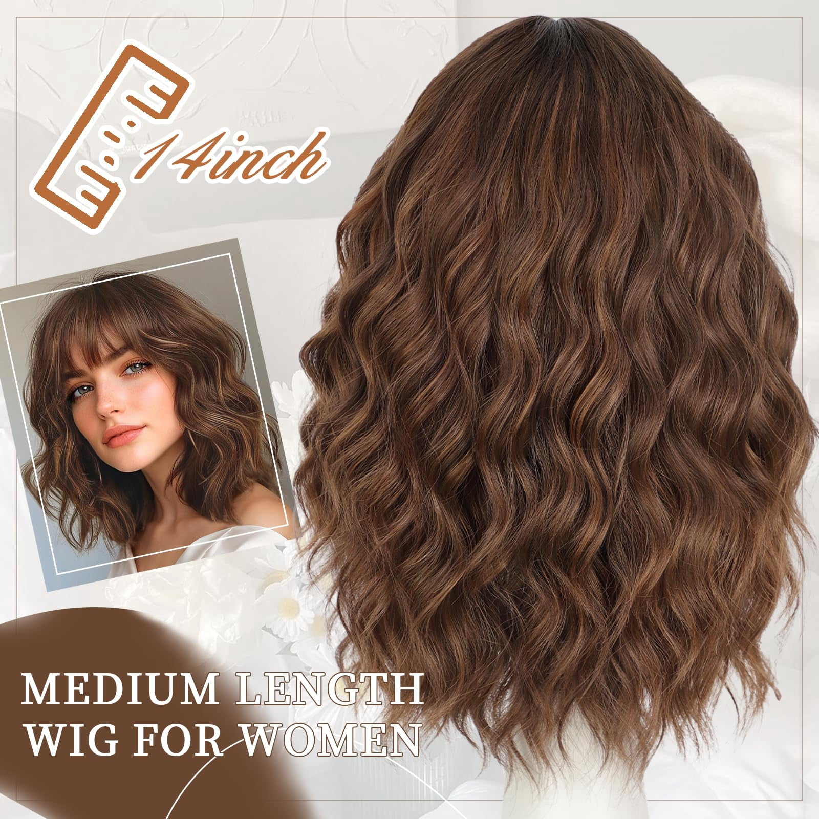 Wig with Bangs Short Bob Wigs for Women Shoulder Length Wavy Curly Wigs Synthetic Fiber Wigs 14 Inches for Daily Party Use