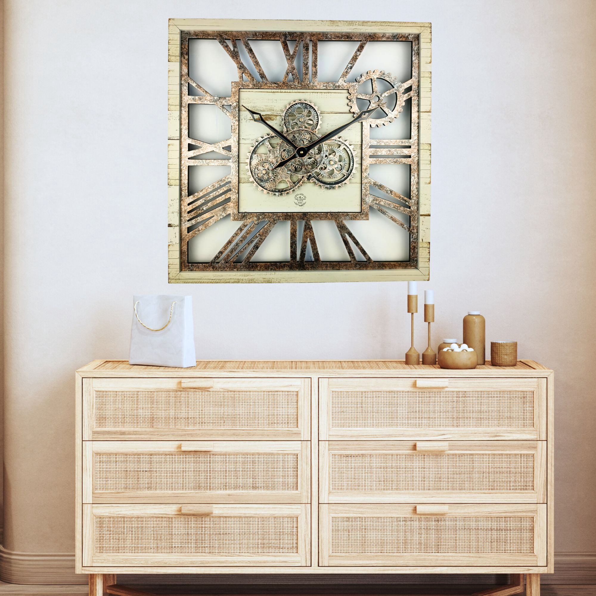 THE GEARS CLOCK Wall Clock with Real Moving Gears AM-LI_ 24 in Square Desert-Beige