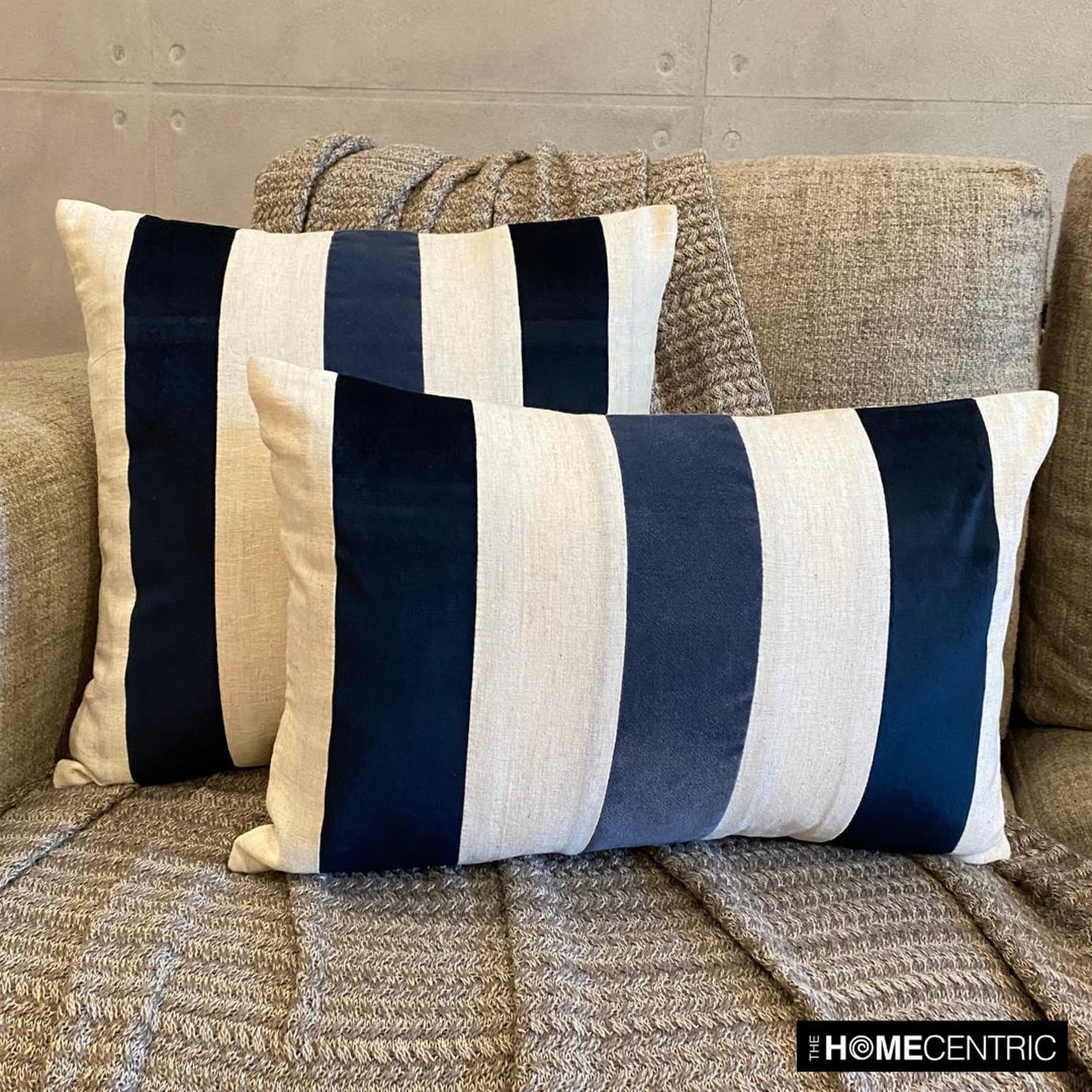 The HomeCentric Decorative Throw Pillow cover Navy 26"x26" (65x65 cm) Velvet & Linen Patchwork, Striped Pillowcases, Striped Modern Style - Velvet Band Navy