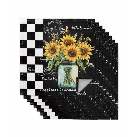 nqOlkjepod Sunflower Vintage Cloth Napkins Set of 8 Reusable Dinner Napkins, Farmhouse Floral Black Checkered Cocktail Napkin Washable Table Napkins for Wedding/Holiday Party/Baby Shower 20"x20"