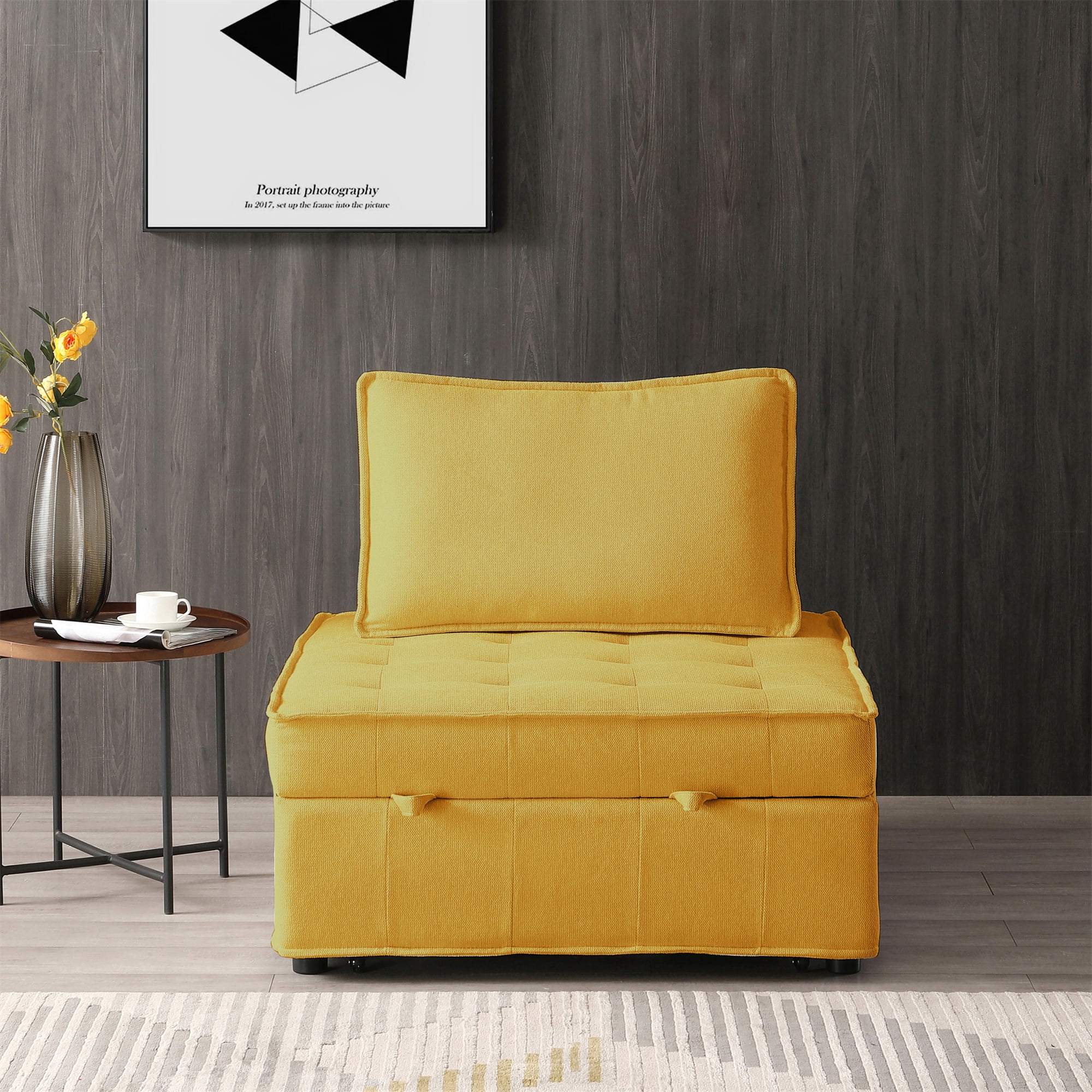 Aukfa 78" Chaise Futon Oversized Pull Out Sleeper Chair Bed for Home Office, Linen, Yellow