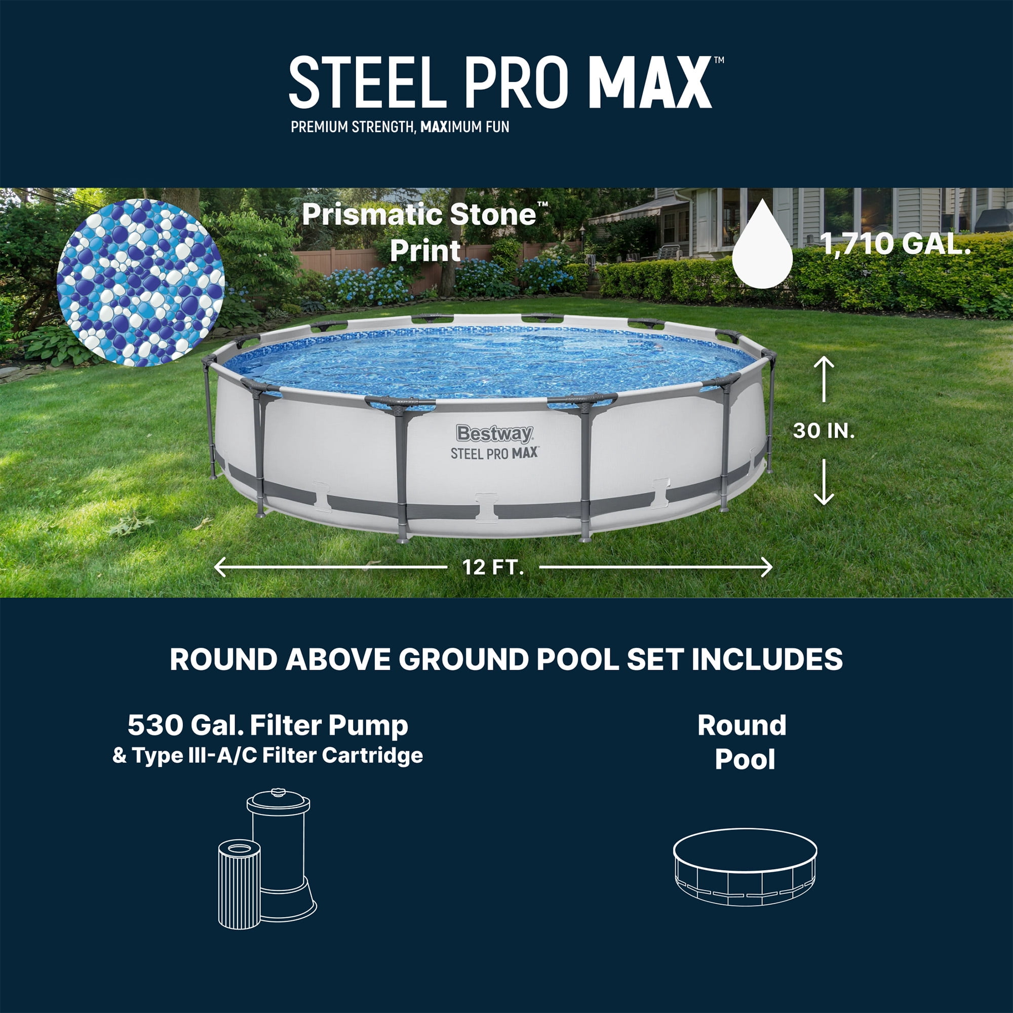 Bestway Steel Pro MAX 12'x30" Metal Frame Above Ground Pool, Filter Pump & Cartridge, Gray