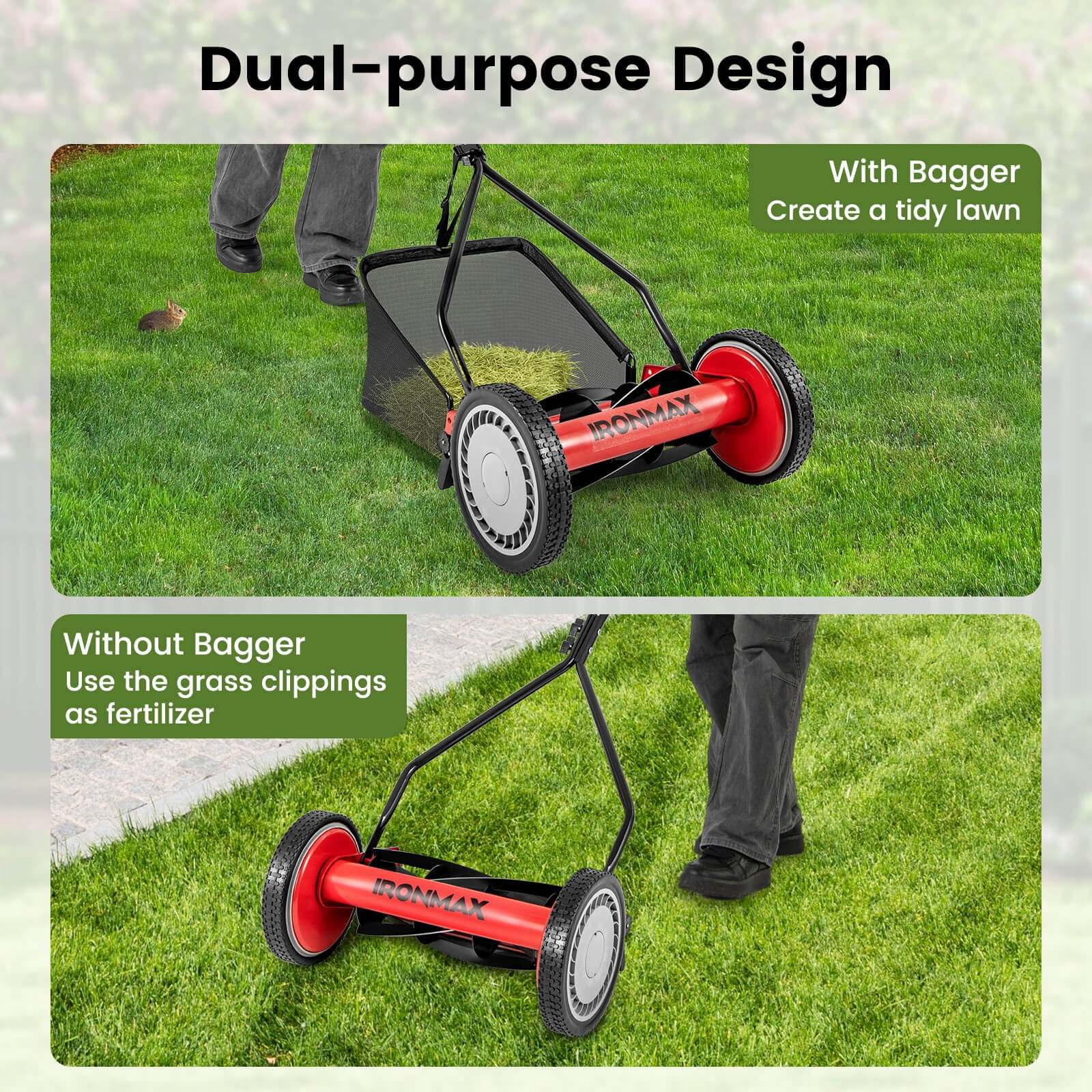 Ironmax 14" Manual Reel Mower with 5-Blade 6.6 Gallon Removable Grass Catcher for Garden Red + Black